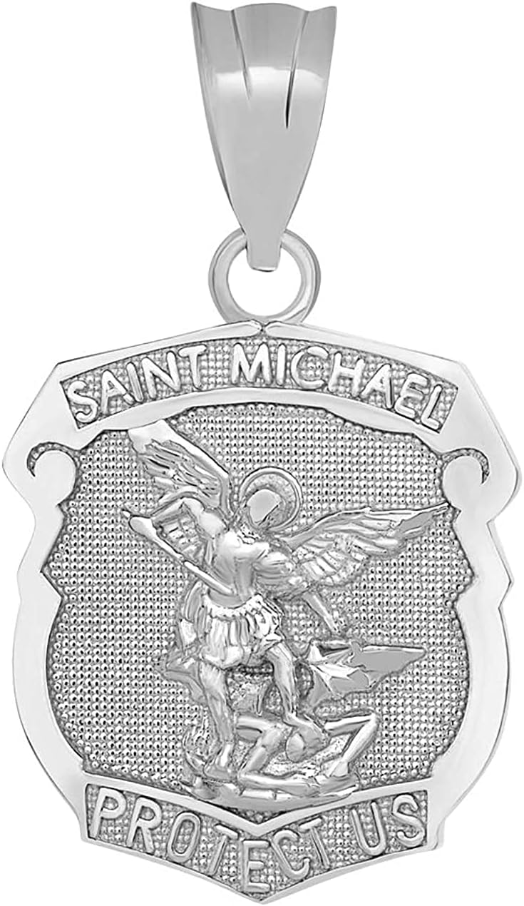 14K Yellow, White, Rose, or Two Tone Gold Saint Michael the Archangel Protect Us Shield Medal Necklace Pendant Charm