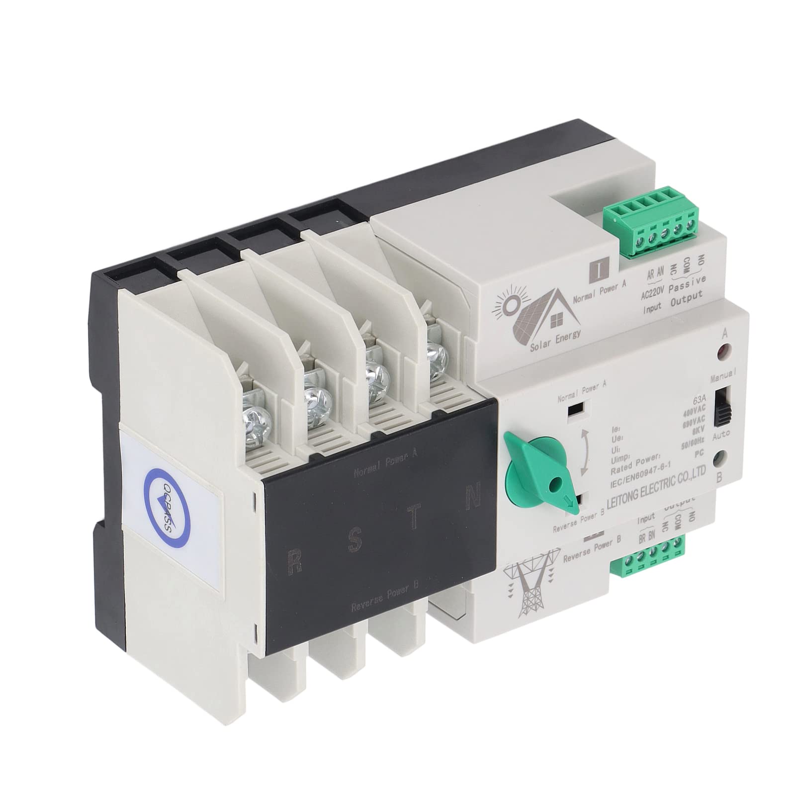 Domary Interruptor de Transferencia Automática de Doble Potencia Práctico Dispositivo 4P Respuesta Rápida para Uso Comercial Industrial AC220V (63A)