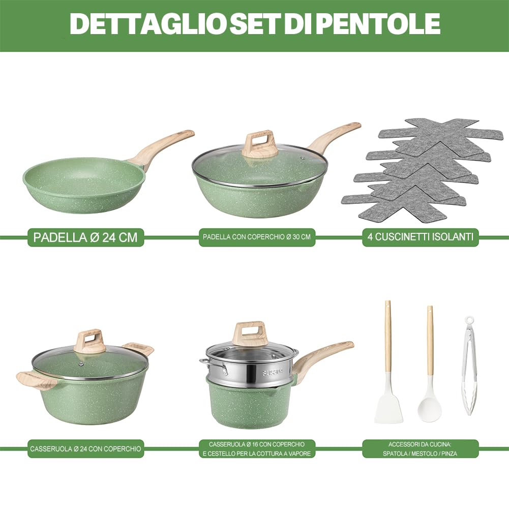 BAKAJI Batteria di Pentole e Padelle 15 Pezzi a Induzione e Gas, Set Adatto a Tutti i Piani Cottura, Antiaderente in Alluminio Pressofuso ed Effetto in Granito con Coperchio e Accessori (Verde)