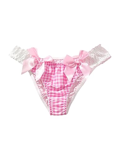 SHENHE Women's Y2k Gingham Bow Underwear Lace Eyelet Low Rise Bikini Panty Coquette Underwear - Small - Pink