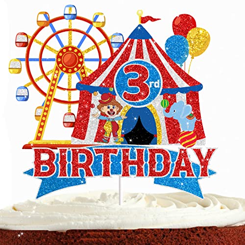 Circus 3rd Birthday Cake Toppers for Boys Girls Baby Shower Vintage Circus Tent Balloon Ferris Wheel Elephant Party Supplies Clown Party Favor Red Glitter Carnival 3 Cake Decorations