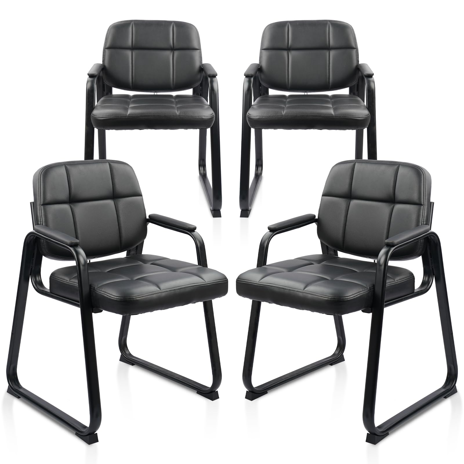 CLATINAWaiting Room Guest Chair with Bonded Leather Padded Arm Rest for Office Reception and Conference Desk Black with Sled Base 4 Pack