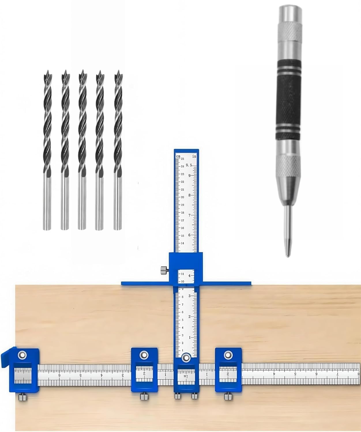 XWHLXY Cabinet Hardware Jig Tool with Centre Punch & 5 Bits Adjustable Punch Locator Drill Guide Template Woodworking Dowelling Tool for Installation of Handles Knobs Doors Drawer Pull