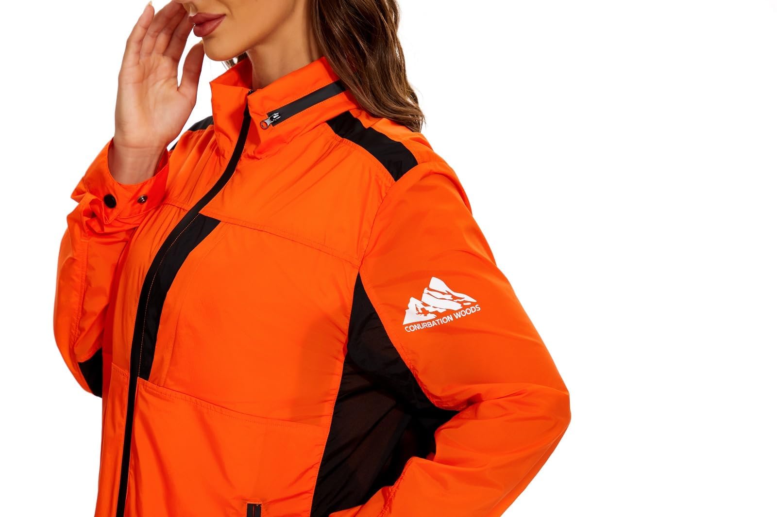 Conurbation Womens Cycling Running Rain Jacket Lightweight Waterproof Biking Hiking Windbreaker Raincoat with Detachable Hood (002-Orange-M