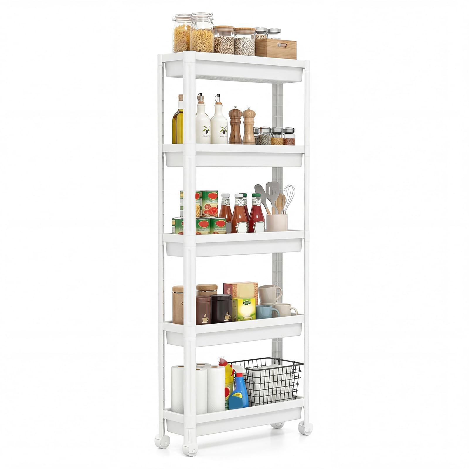 COSTWAY Carrello di Stoccaggio con Vassoi, Organizzatore da Bagno a Ripiani Aperti con Maniglie e Ruote, Carrello Sottile Salvaspazio per Cucina Lavanderia e Ufficio (5 ripiani,Bianco)