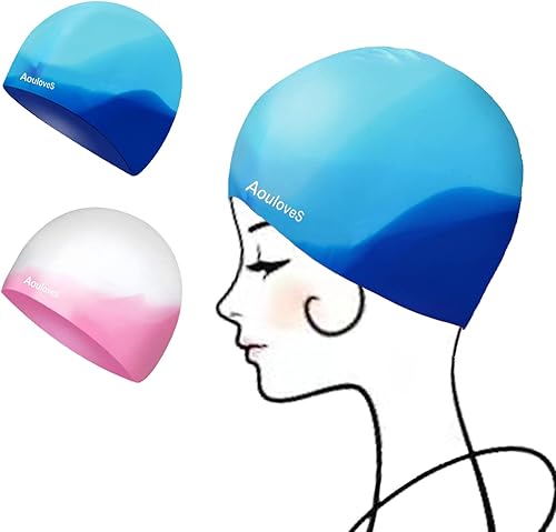 Miniatura 7 de Paquete de 2 gorros de natación para niños y niñas, unisex, de silicona, para niños de 4 a 12 años, ajuste cómodo para cabello largo y cabello corto