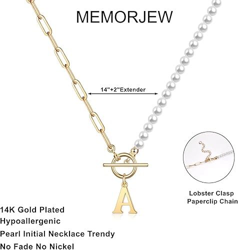 Miniatura 2 de Memorjew - Collares de perlas con inicial para mujer, modernos, chapados en oro de 14 quilates, collar con inicial de perlas delicadas, cadena