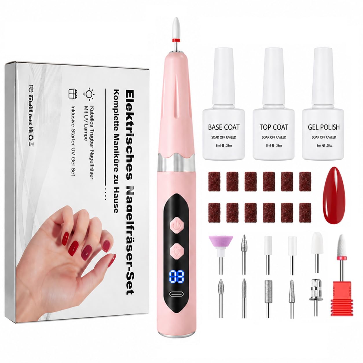 Gelnägel Starter Set für Anfänger, Kabelloser Nagelfräser mit Integriertem UV-Licht, UV Gel Nagellack Set mit Base Coat, Top Coat und Farbe Rot, Komplettes Nagelset zum Nägel Selber Machen