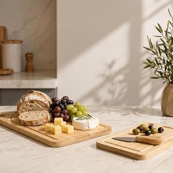 Deconox Bambu 2’li Kesim Panosu Seti, 16x26 cm ve 20x30 cm Doğal Bambu Kesim Tahtası, Oluklu Kenarlı Askı Delikli Mutfak Doğrama Sunum Peynir Ekmek Sebze Meyve Kesme Panosu