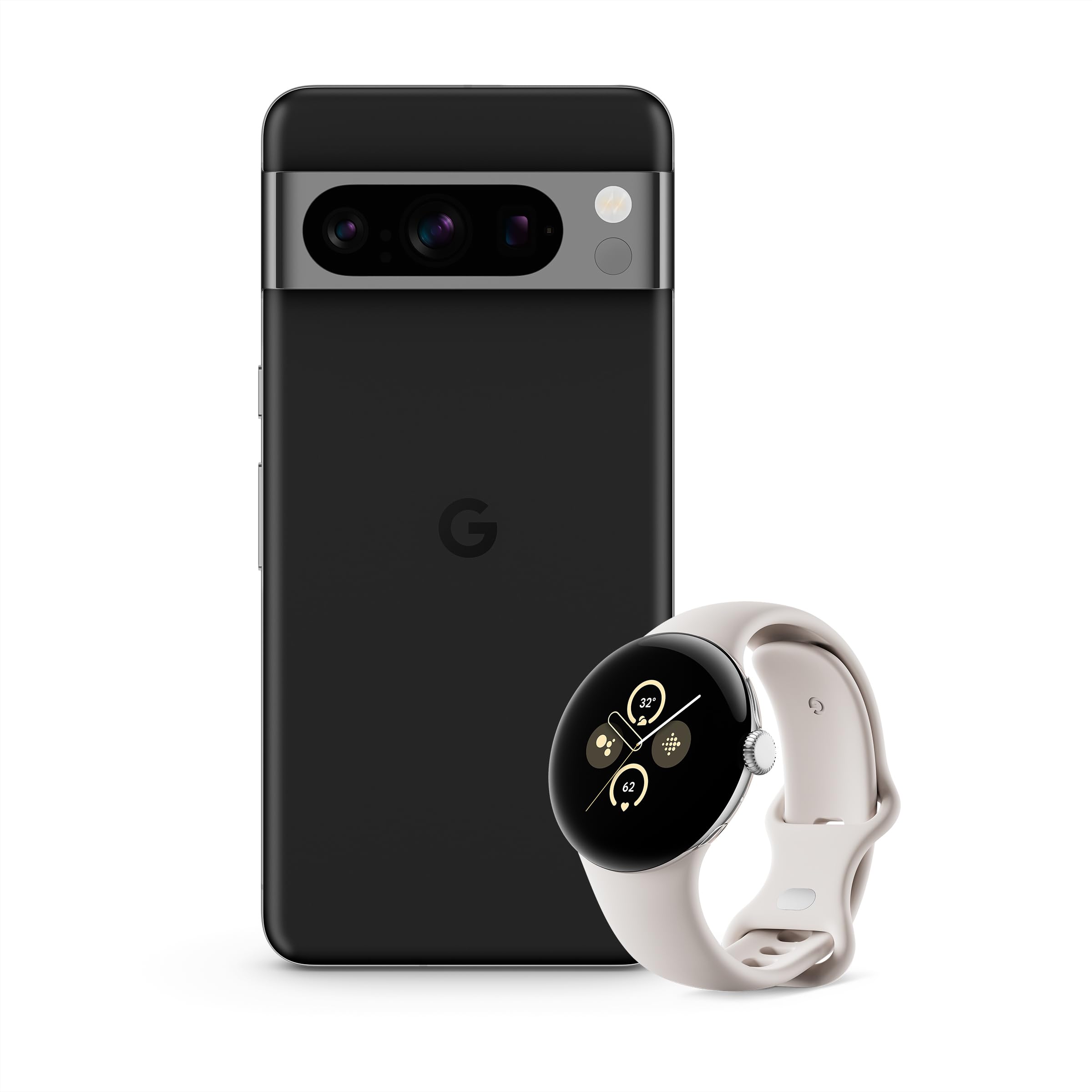 Google Pixel 8 Pro Obsidian, 256GB + Pixel Watch 2, Polished Silver Aluminium, Porcelain Active Band – Wi-Fi