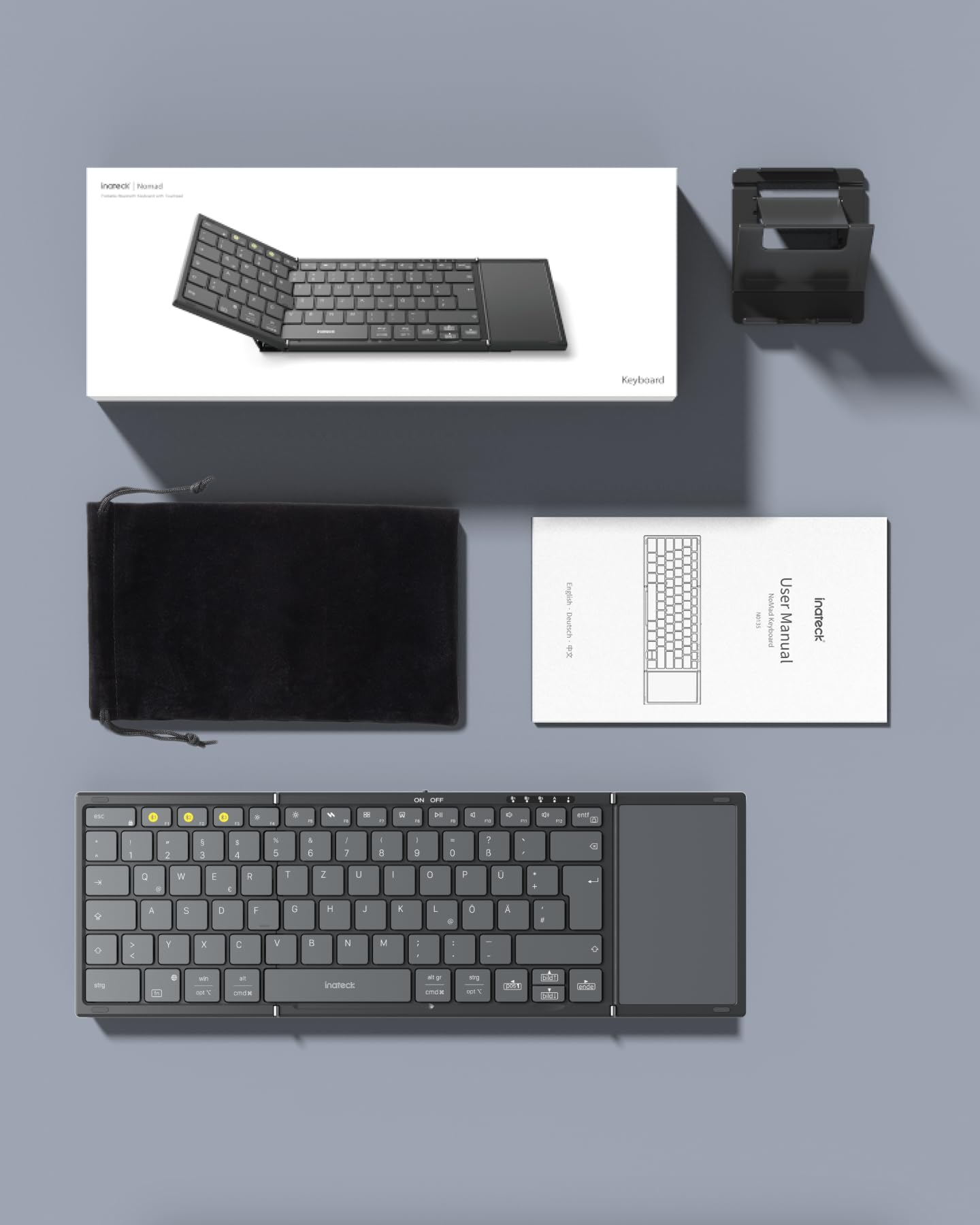 Inateck Faltbare Mini Tastatur, KI-Funktion mit Touchpad,3 Bluetooth-Kanälen, kompatibel mit iPadOS Android, Windows, QWERTZ, KB604
