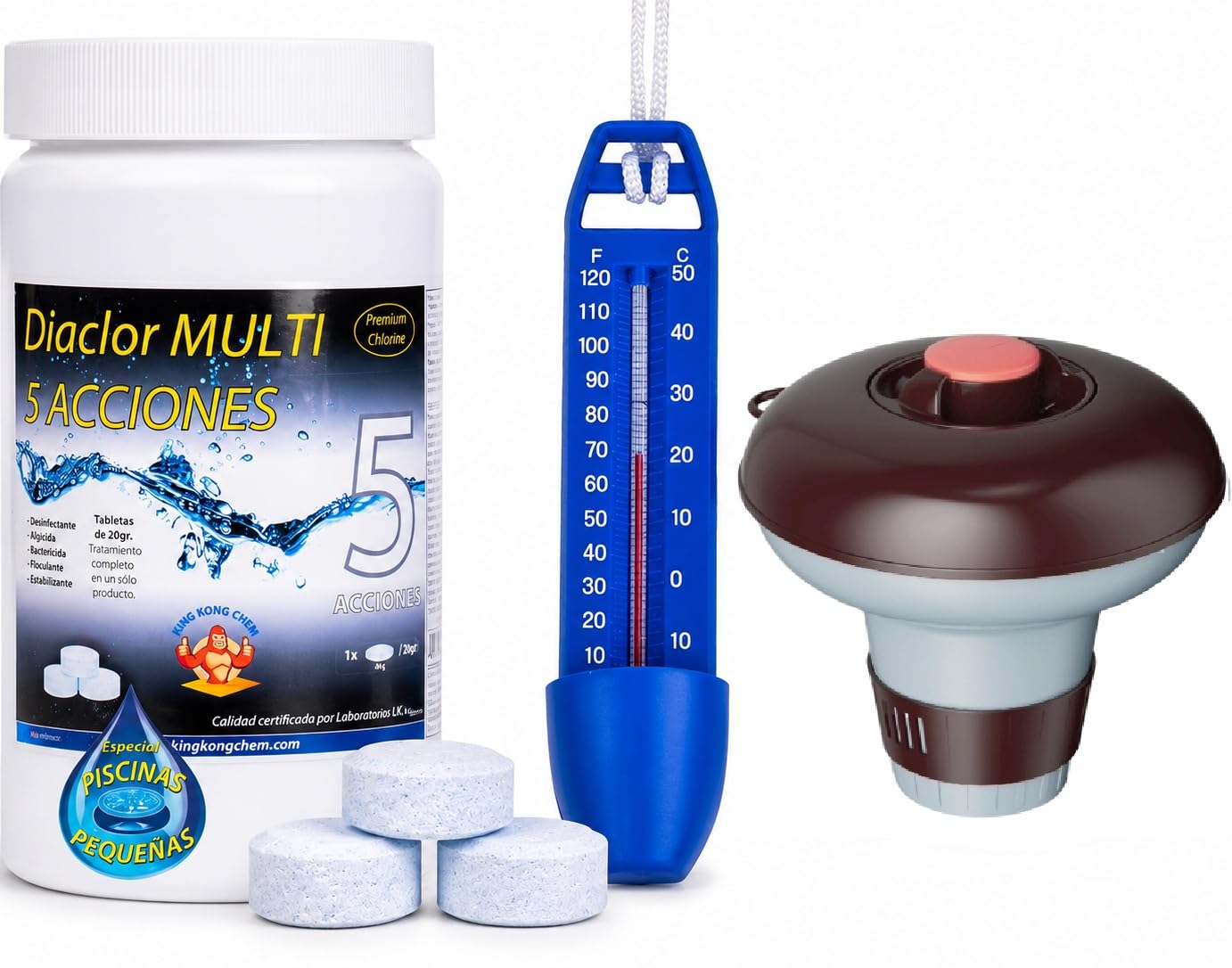 Kit Chlorine Small Pools Diaclor Multi 5 Actions 1 kg (Tablets 20 GR) Without Copper + Dispenser + Thermometer