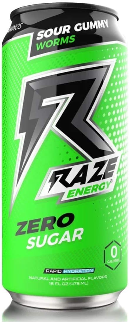 Raze Energy Drinks by Repp Sports Rapid Hydration Zero Sugar 16 Ounce cans (Sour Gummy Worms, 12 Cans)