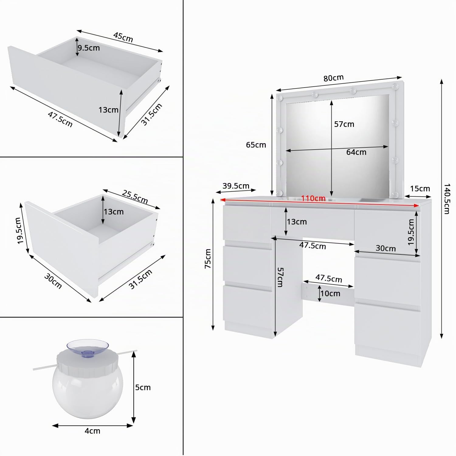 Arreditaly Toeletta Tavolino Da Trucco Tavolo Con 10 Luci LED Luminosità Regolabile Specchio Orizzontale Con 7 Cassetti Postazione Make Up In Legno Design Moderno 39.5 x 110 x 140.5 Cm Bianco