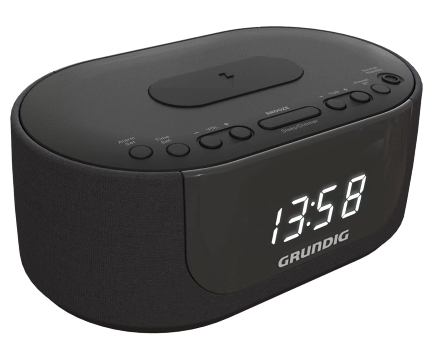 GRUNDIG, SCC400, Radio réveil FM Chargeur Induction, Double Alarme, Luminosité réglable, Affichage Blanc, Fonction BT, Port USB Chargeur, Noir, pour la Table de Chevet