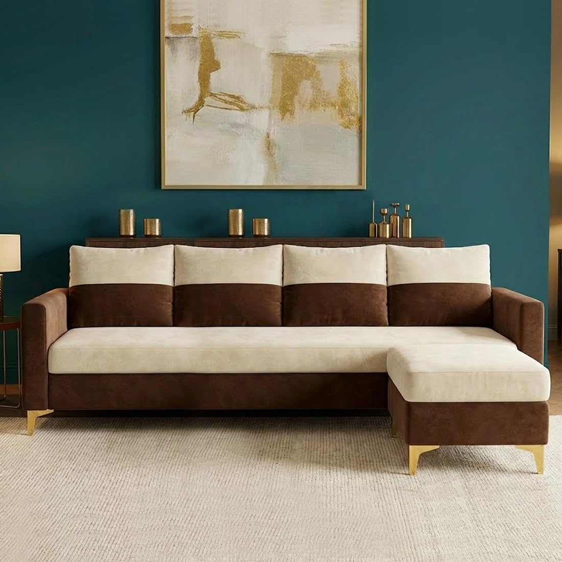 FURNY Canvora 5 Seater L Shape Sofa Set with Movable Ottoman | Flexible Left or Right Layout | Plush Velvet Fabric (Cream-Brown) | Perfect for Living Room, Guest Room & Office