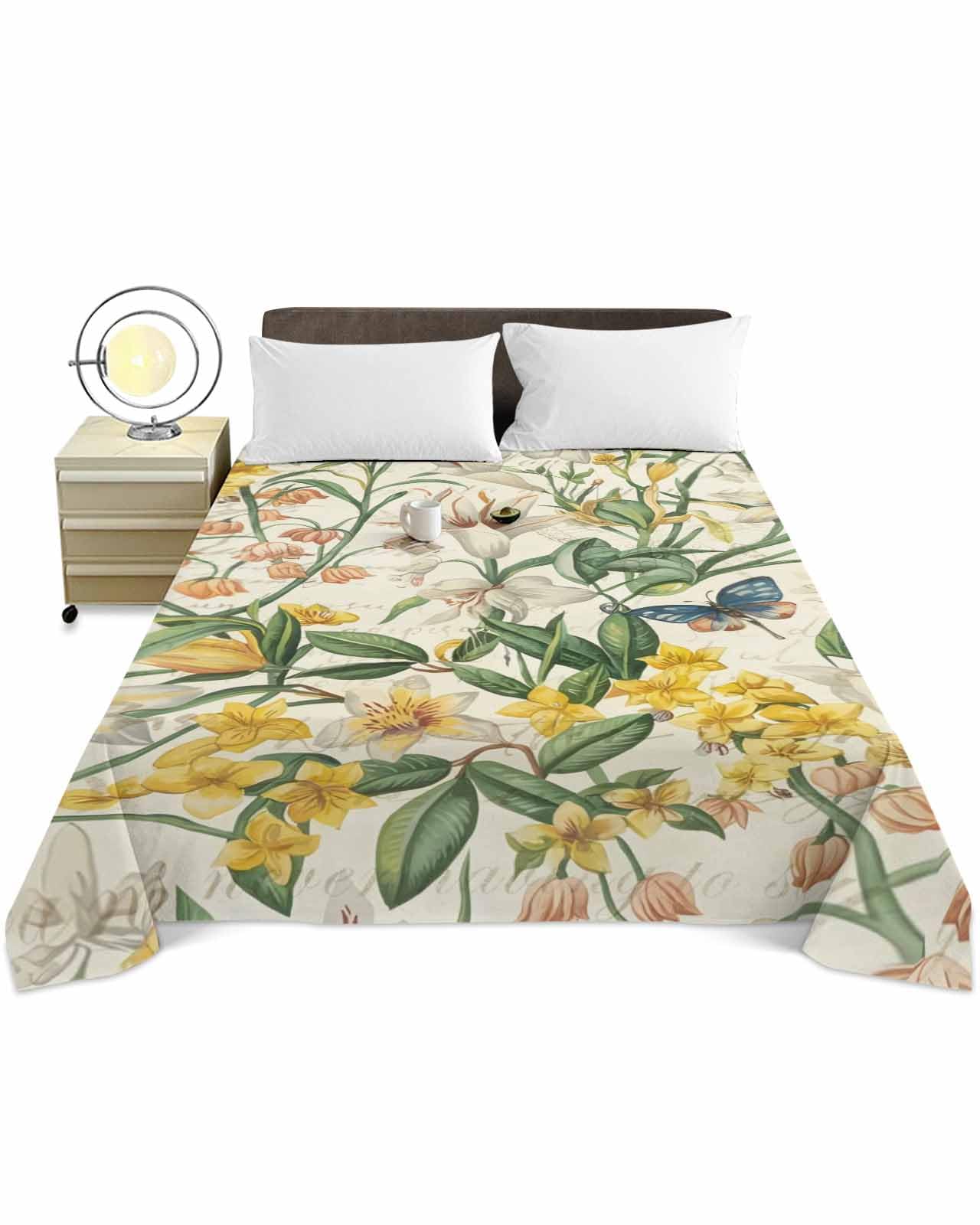 Queen Size Top Sheet Only, Farm Blossom Floral Butterfly Flat Sheet Microfiber Breathable Soft Bed Sheets, Watercolor Colorful Flower Leaf Hotel Bedding Flat Sheets for Bedroom