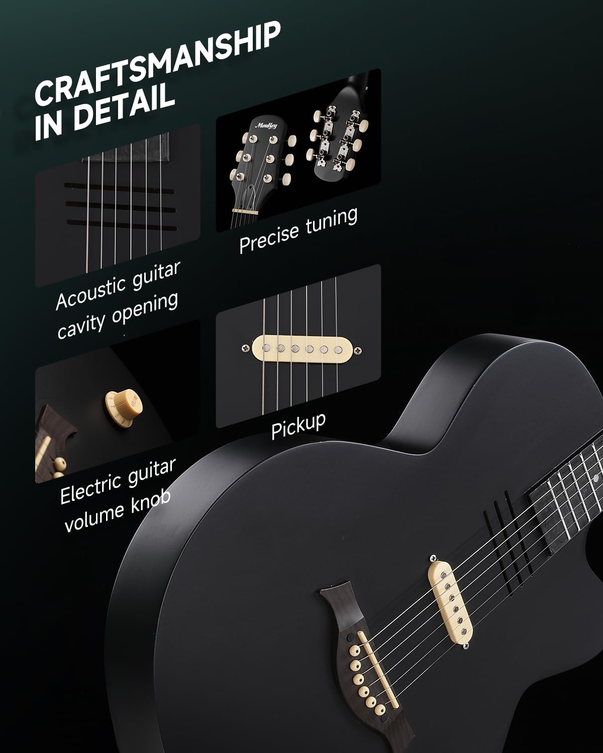Moukey BCC-100 da 39 pollici Chitarra acustica elettrificata, chitarra cutaway con pickup passivo, custodia morbida, tracolla, plettri, accordatore e capotasto, nera