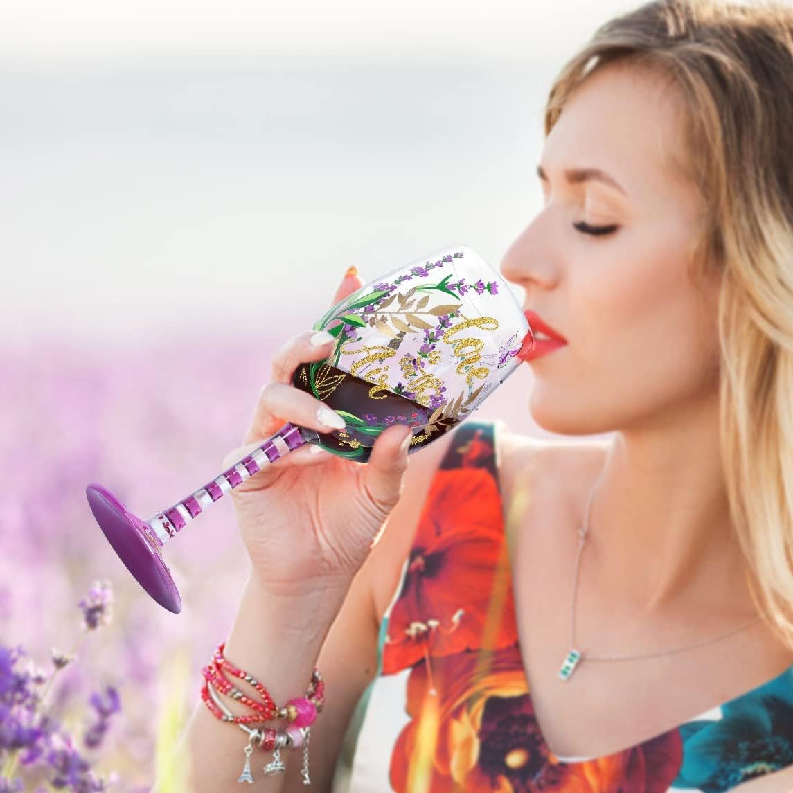 NymphFable Hand Painted Wine Glass Purple Lavendar & Dragonfly Birthday Gift for Women with Personalised Gift Box, 15oz - Image 3