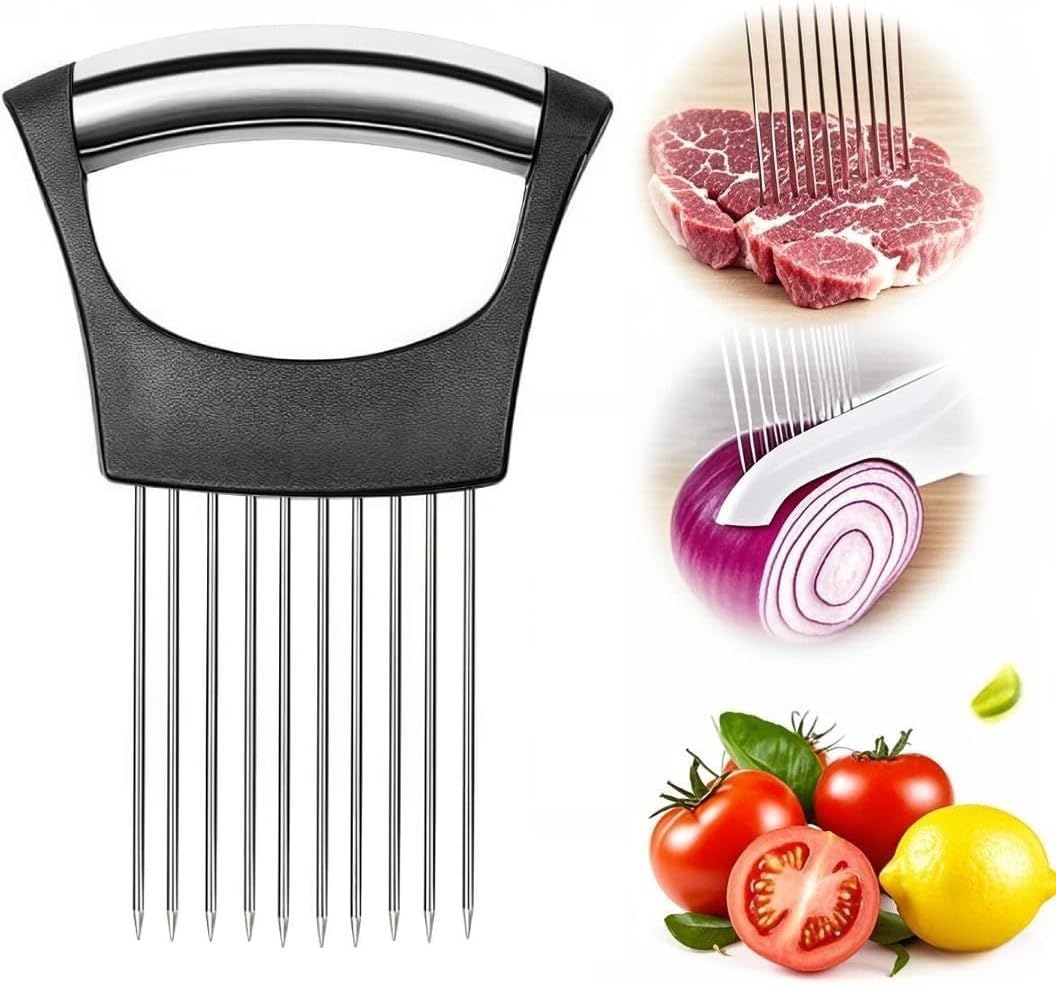 Zwiebelhalter aus Edelstahl mit Zinken, Zwiebelschneider Manuell, Fleischklopfer Kochen Zubehör, Gemüseschneider Schneidehilfe Küchenhelfer zum Zwiebel Zitrone Kartoffeln Gurken Tomaten