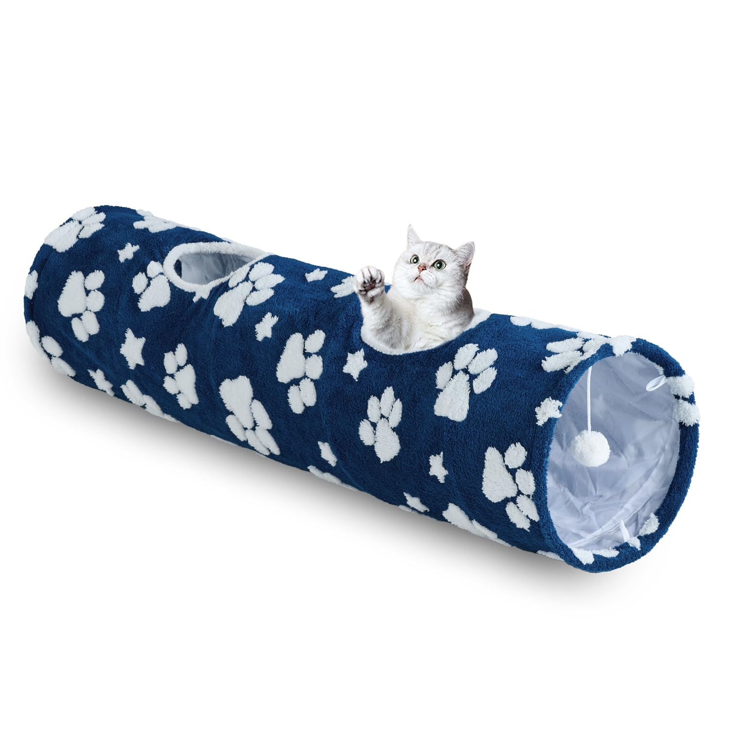 Yaning Straight Cat Tunnel for Indoor Cats 47"x12", Cute Cat Toys Collapsible Tunnel Tube with Balls for Puppy Kitten Rabbit, Blue Paw