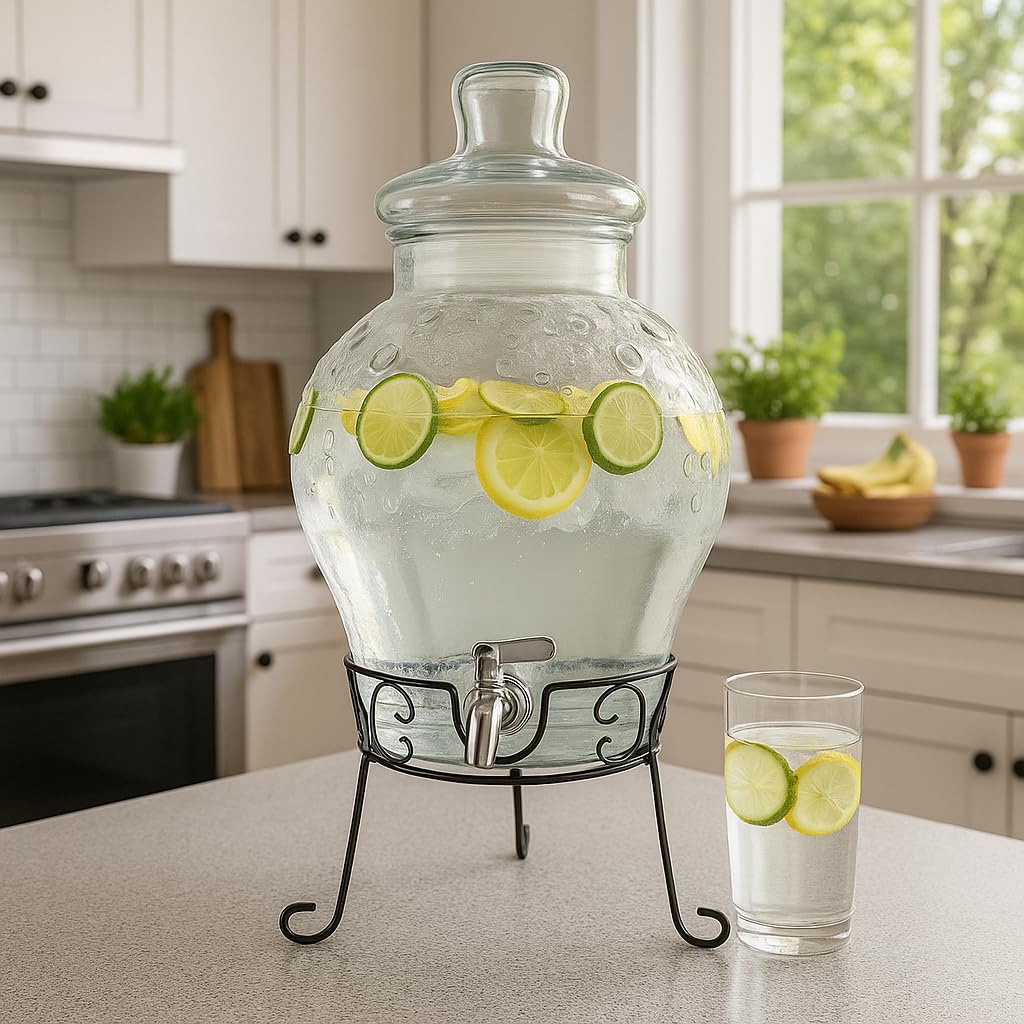 Monster24 10 Liter Getränkespender mit tropfsicherem Zapfhahn aus Edelstahl – Wasserspender, Bowle-Gefäß aus Glas mit stabilem Metallständer und Glasdeckel – BPA-freier Limonadenspender