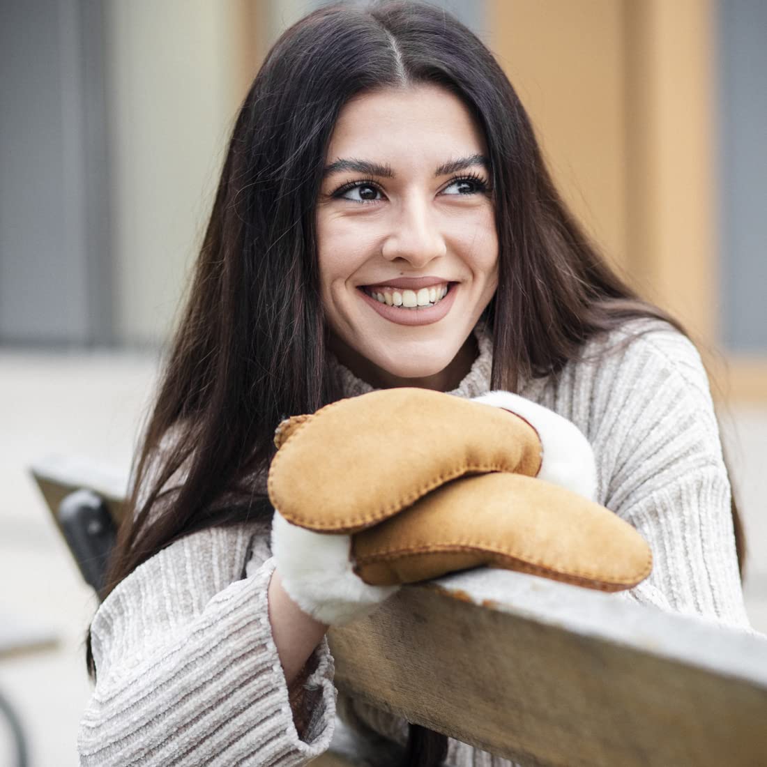 Harssidanzar Donna Guanti in pelle,Mitten pelle scamosciata calda di pecora Shearling Guanti in pelliccia Cuff KL026,Cammello,taglia XL