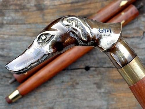 Mango de cabeza de perro de latón macizo antiguo, bastón de madera para caminar, bastón de diseñador vintage