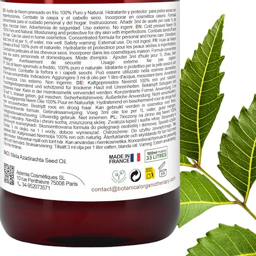 Organisches Neemöl - 100% Rein und Natürlich für Gartenarbeit, Tierpflege und Haut - Insektenschutzmittel, Aknebehandlung und Mehr - Kaltgepresst - 100 ml