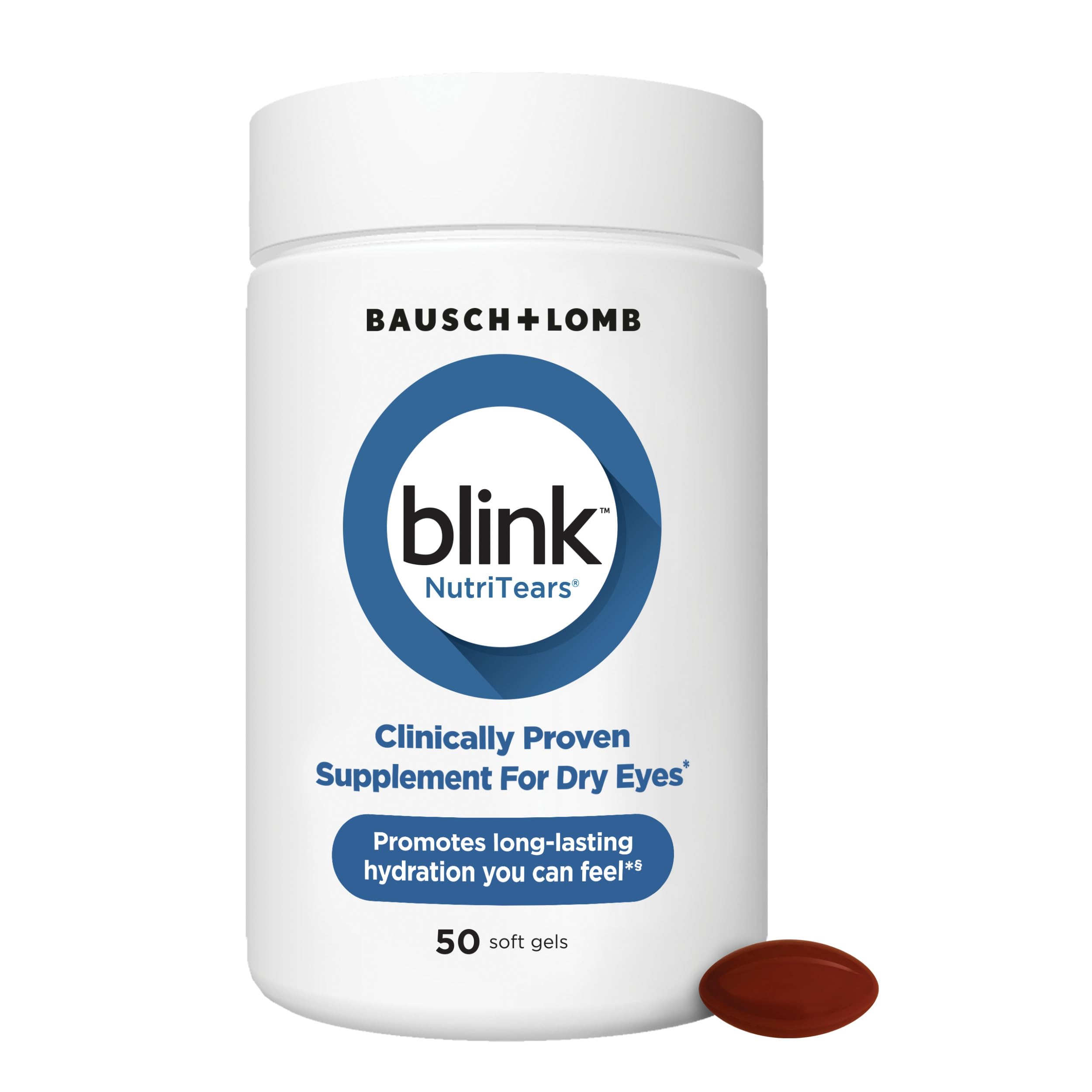 Blink NutriTears Clinically Proven Supplement for Dry Eyes, Eye Care with Lutein & Zeaxanthin and Vitamin D to Hydrate Eyes from Within for Long-Lasting Relief, 50 Softgels
