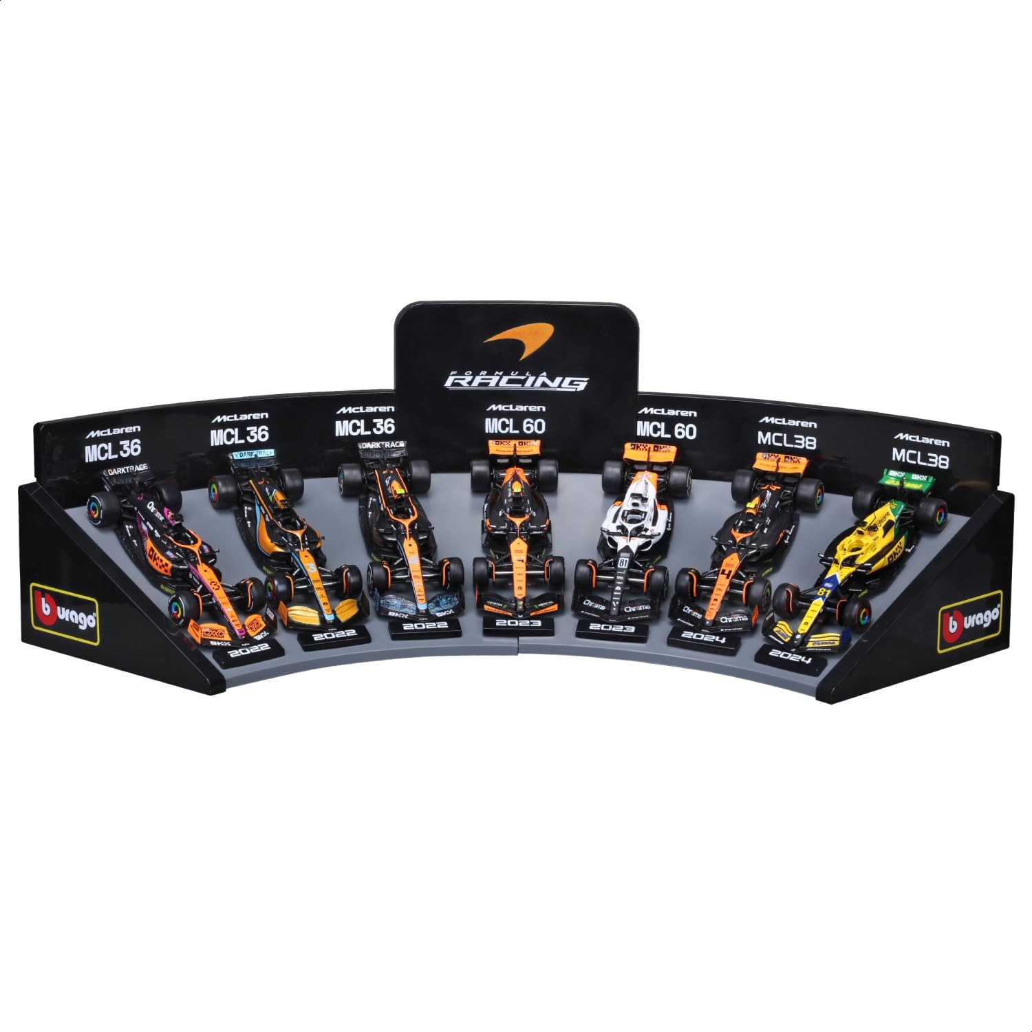 Bburago Formula 1 F1 McLaren Gift Set with Display Stand - 1:43 Scale - Incredibly Detailed Die-Cast Collectible Replica Race car, Multiple Colours