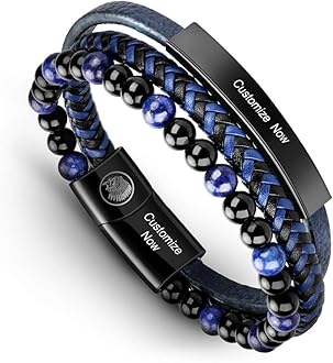 Mens Leather Bracelet – Classic Handmade Braided Black & Brown Cuff Bracelet with Engraved Magnetic Clasp Free Jewelry Gift Boxed