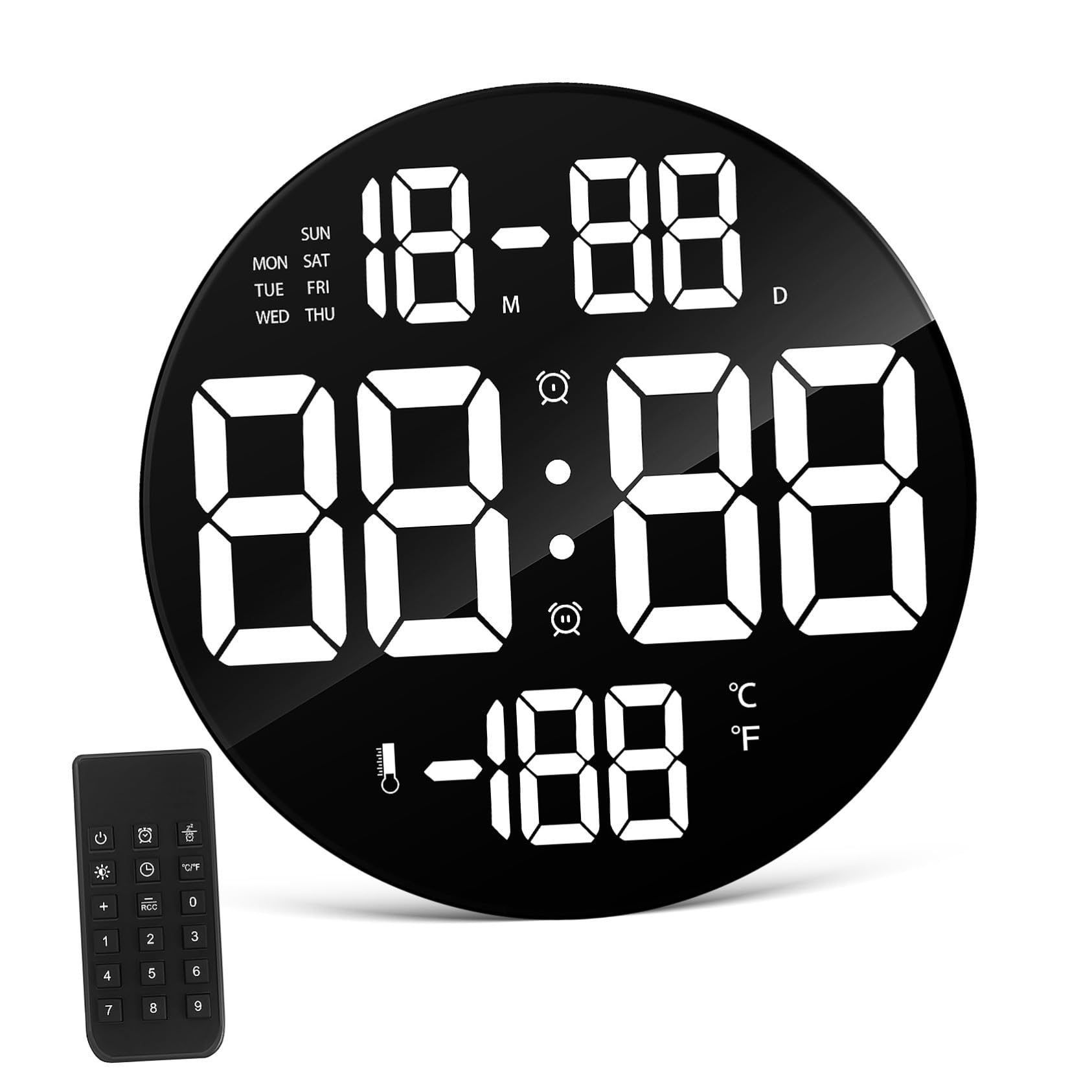 Toyvian Digitale LED Runduhr mit Fernbedienung und Großem Display Kunststoffgehäuse Datums und Temperaturanzeige Batteriebetriebene Funkwanduhr für Wohnzimmer und Büro