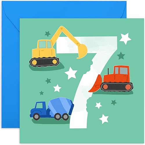 Old English Co. - Tarjeta de primer cumpleaños para niño o niña, tarjeta de feliz cumpleaños para siete años, tema de excavador, tractor, vehículo