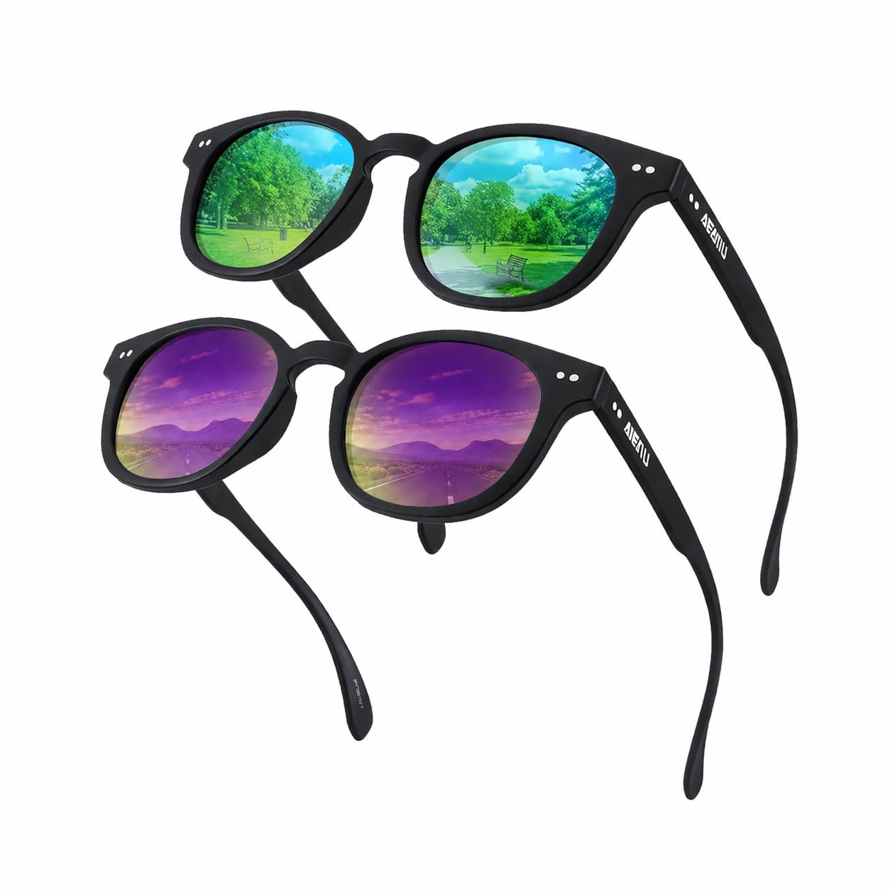 SPT122 - Lentes de sol polarizados para hombres y mujeres, lentes de sol retro con protección UV para conducir, correr, pescar, golf, verde/morado (paquete de 2)