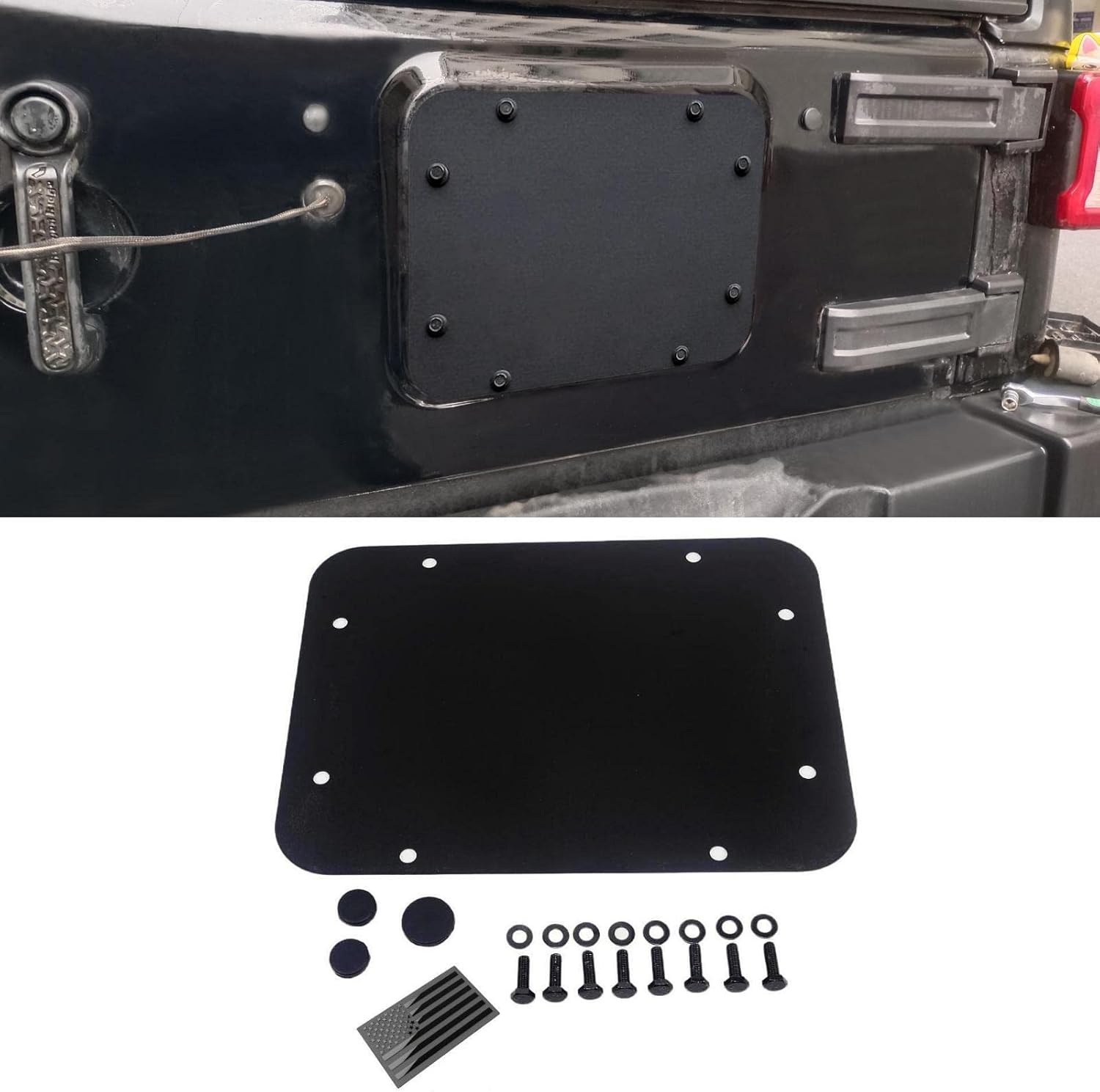 POETRYXIAO Wrangler Spare Tire Carrier Delete Filler Plate Tailgate Plug Vent Plate Cover Kit with Tailgate Rubber Plugs & Bolts and USA Flag for 2007-2018 Jeep Wrangler JK & Unlimited