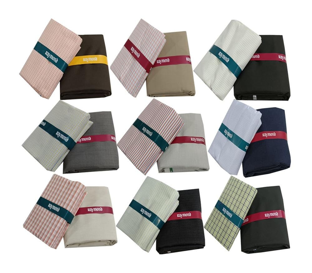 raymond fabrics Raymond Unstitched Shirt & Pant Fabric Combo Pack of 9 | Premium Cotton Blend Material | Assorted Stripes, Checks & Solid Designs | Formal Wear for Men (Multicolor)-picture-52