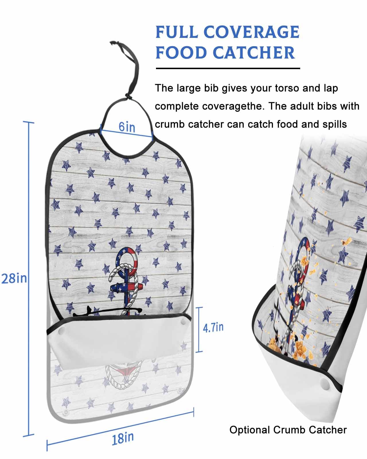 LEOKOTI 4th of July Adult Bibs for Eating, Waterproof Bibs with Food Catcher & Adjustable Snap Closure, Independence Day Anchor Blue Star Vintage Washable Clothing Protectors Adult Bibs for Elderly