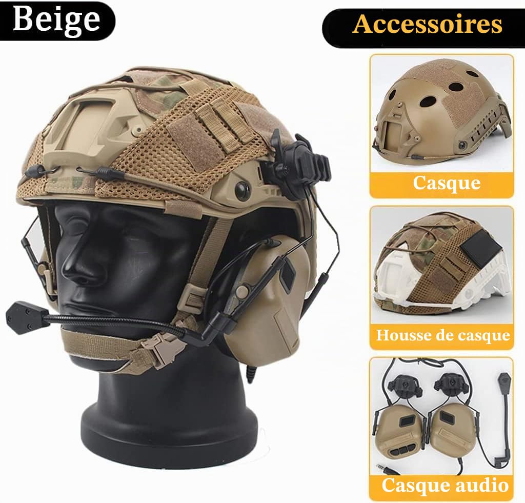 Casque Tactique Fast Combiné, Militaire Équipement de Protection Style Militaire avec écouteur Tactique et Couvercle Casque pour Les Loisirs l'ensemble de Jeu Airsoft Paintball CS