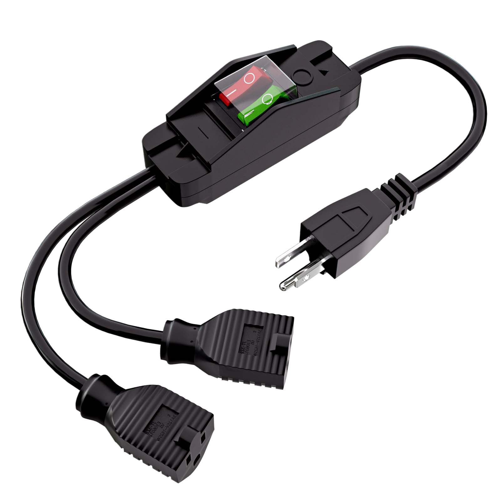 Extension Cord Splitter with Switch, 2 Way Outdoor Extension Cord, 3-Wire Heavy Duty, SJTW 14AWG 15A/125V & 18AWG 10A/125V (1.6 ft., Black)