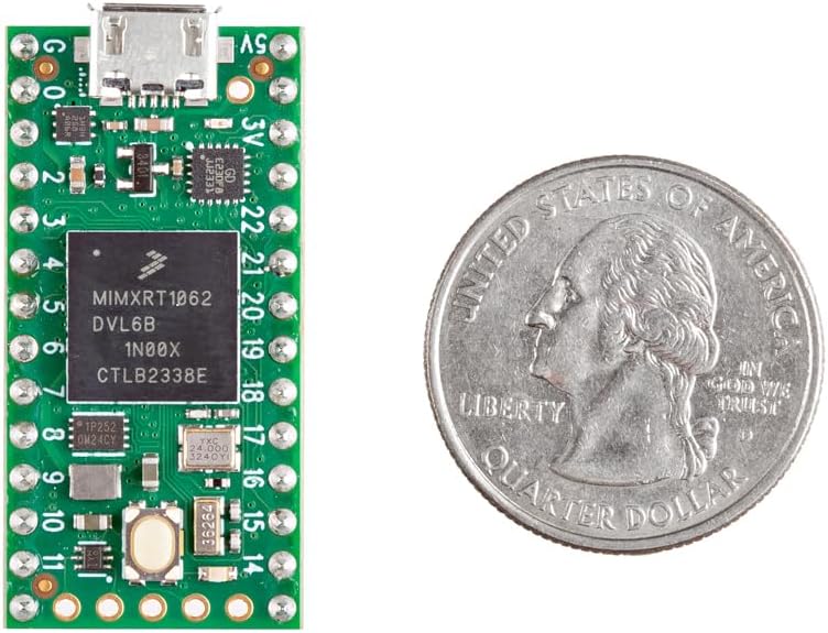 Teensy 4.0 Microcontroller size comparison with a US quarter