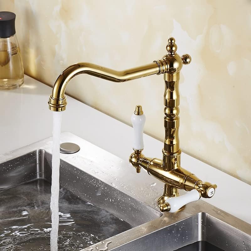 Kitchen Sink Faucet for Bar Farmhouse Commercial, Deck Mounted Dual Handle Hot Cold Water Mixer Kitchen Antique Bronze Finish Kitchen Crane, Single Hole Tap(Chrome)