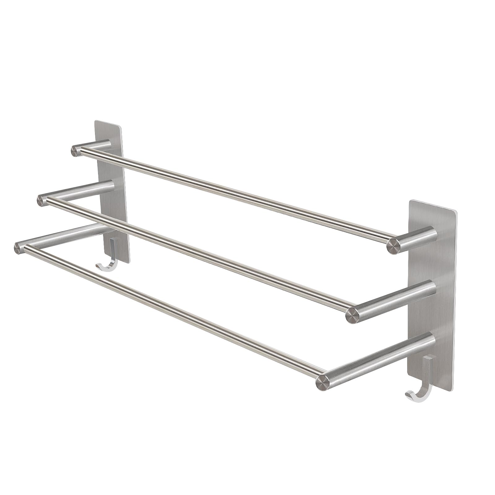Vista Toallero autoadhesivo 3 barras 60 cm SUS304 acero inoxidable | Toallero sin taladrar plata con dos ganchos toallero para cocina, baño, dormitorio