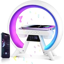 UrbanHomes LED Table Lamp Wireless Speaker Charger Light, 15W LED Bedside Lamp, Alarm Clock, Mood Light, 1/2 G Shape Bluetooth Speaker, Dimmable Night Lights for Bedroom Teenage Gifts White [Energy Class A]