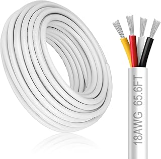 18 Gauge 4 Conductor Electrical Wire, 65.6FT White Stranded Low Voltage 18/4 PVC Case, 18 AWG Tinned Copper 4 Wire Extension Power for Strips LED Lamp Lighting