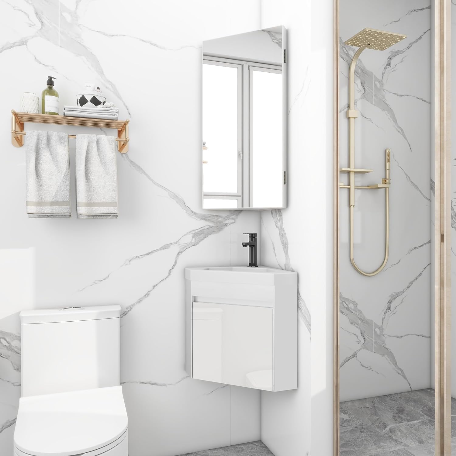UEV Mobile Bagno Con Lavabo in Resina, Sospeso Ad Angolo 40CM, Rubinetto Nero Opaco, per Piccolo Spazio, Bianca