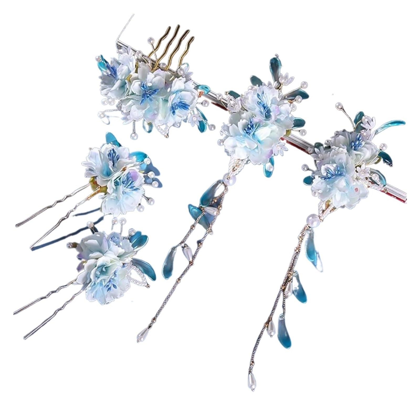 Bacchette per capelli Forcine for capelli a forma di U con fiori blu, fermagli for cinesi retrò, perle, nappe, gioielli for da donna, abito Hanfu per Donne