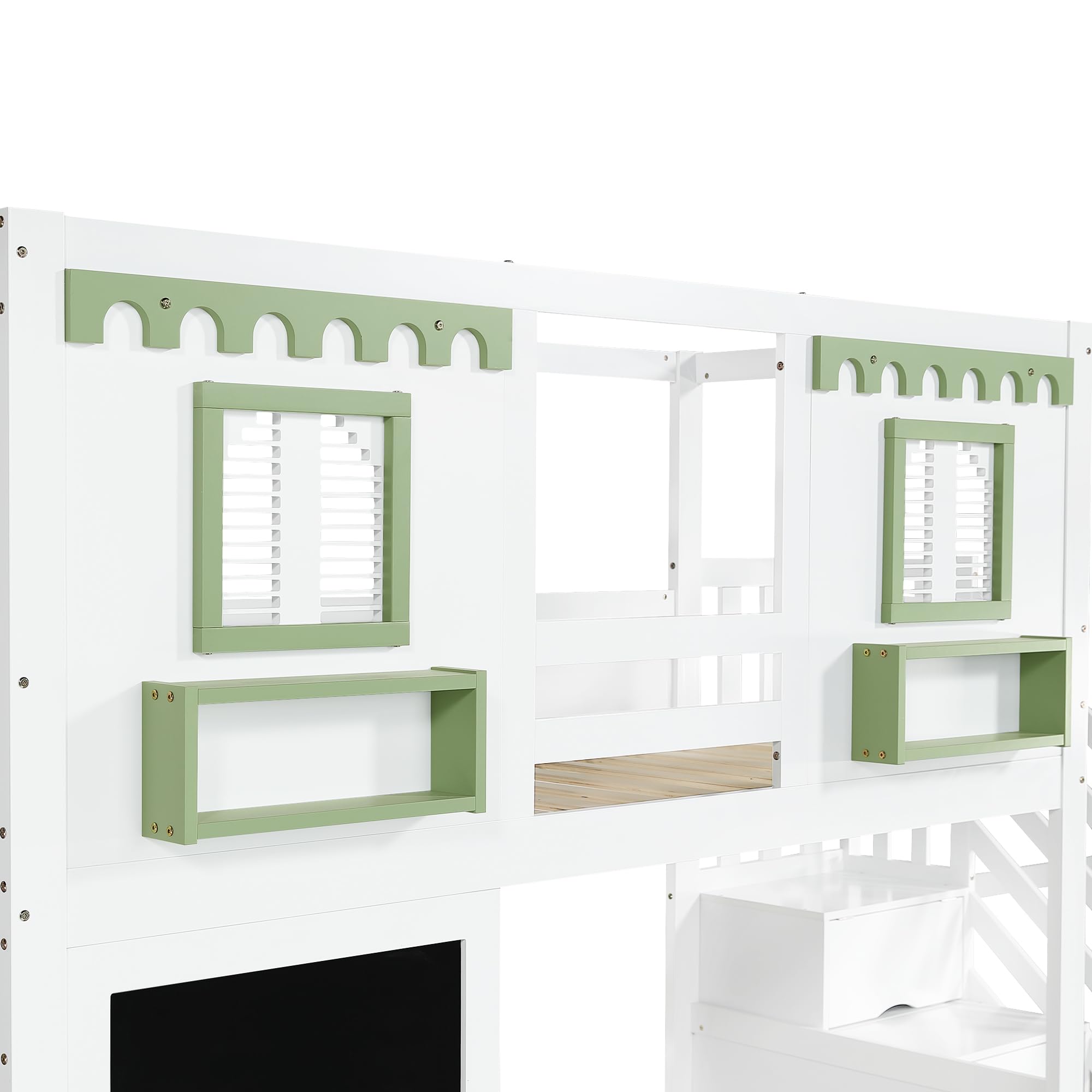 Letto a Castello per Bambini 90x200cm con 2 Cassetti e Scala Portaoggetti, piccola Area Forata + 5 Ganci in legno, Letto a Soppalco, Strutture letto di Pino, Bianco + Verde(Senza Materasso)