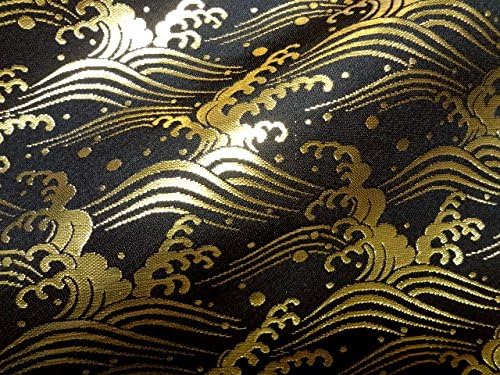 Amazon 京都西陣織 金襴 生地 荒波文 黒 金 50cm単位 切り売り 和柄 生地 和風 生地 はぎれ 金らん よさこい 布 生地 通販