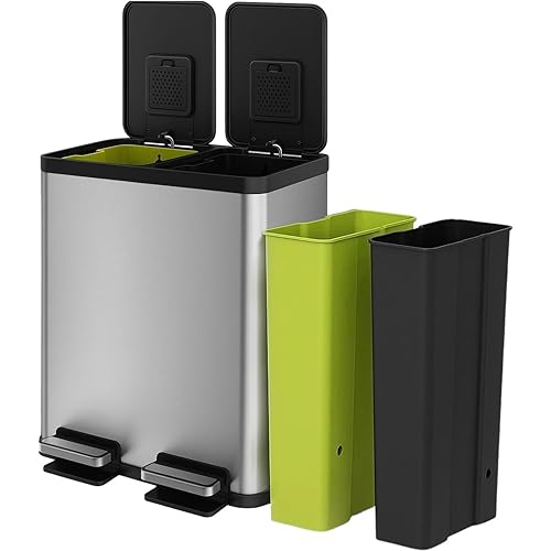 Simpli-Magic 16 Gallon (30L x 30L) Dual Compartment Step Trash Can – Kitchen Garbage Can with Slow-Close Lids – Waste & Recycling Bins, Odor Control, Hands-Free, Easy to Clean, Stainless Steel